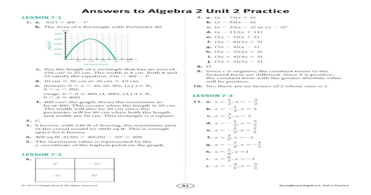 Springboard algebra 2 answer key pdf